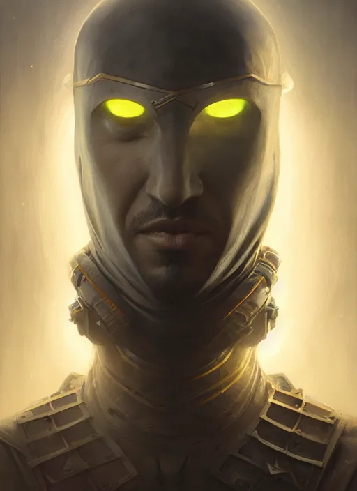 Image similar to highly detailed portrait arab man superhero, armor, yellow charcoal, stephen bliss, 8 k, unreal engine, fantasy art by greg rutkowski, loish, rhads, ferdinand knab, makoto shinkai and lois van baarle, ilya kuvshinov, rossdraws, tom bagshaw, global illumination, radiant light, detailed and intricate environment