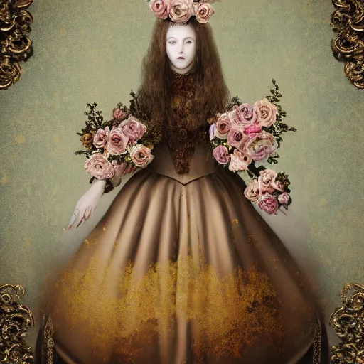 Image similar to 8k, octane render, realism, tonalism, renaissance, rococo, baroque, group of realistic creepy young ladies wearing long harajuku manga dress with flowers and skulls, background chaotic gold leaf flowers