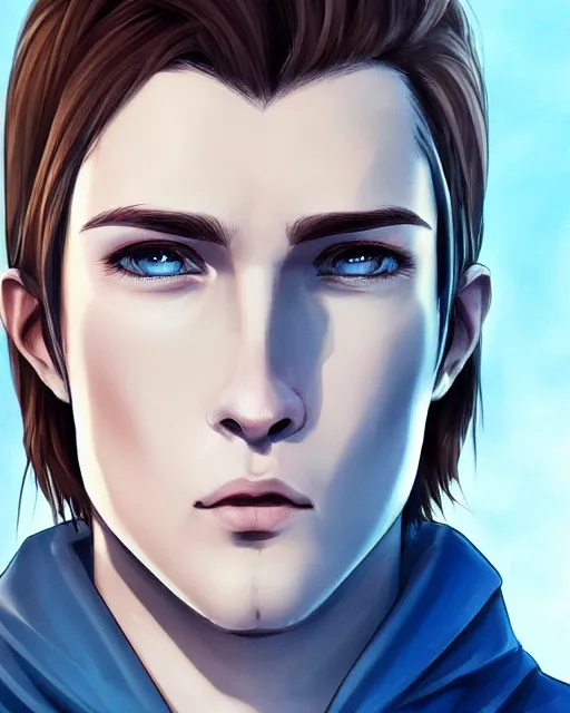 Image similar to face of a masculine 3 0 year old man empeoror with thin face lines, have mi - long brown hair and blue eyes ( completely blue, without white, just blue ), very beautiful portrait, low angle, realistic anime style and perfect art, trending on artstation, good and dramatic lighting