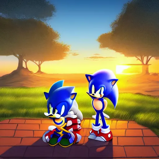 Prompt: a digital art of sonic characters watching sunset