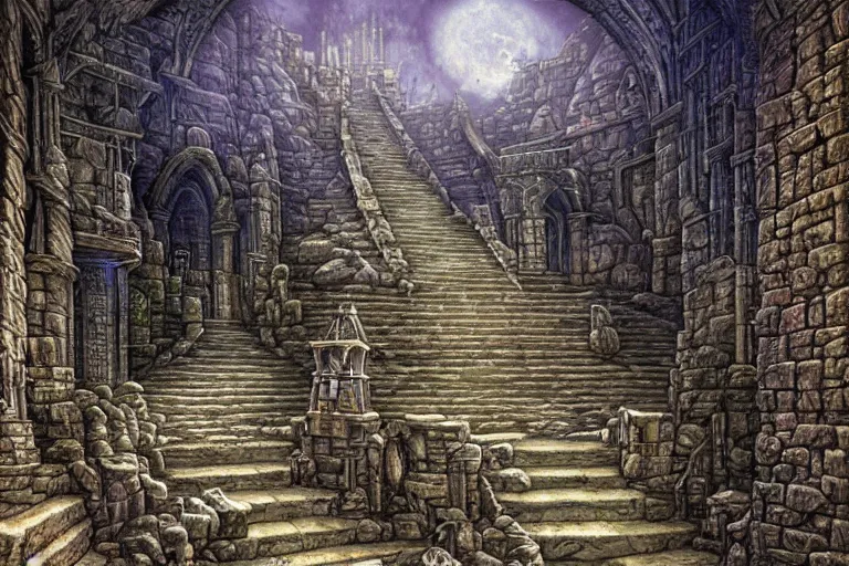 Prompt: stone steps leading down to an epic dungeon, todd lockwood, hyperdetailed, hyperrealism, fantasy, spooky, wizards of the coast