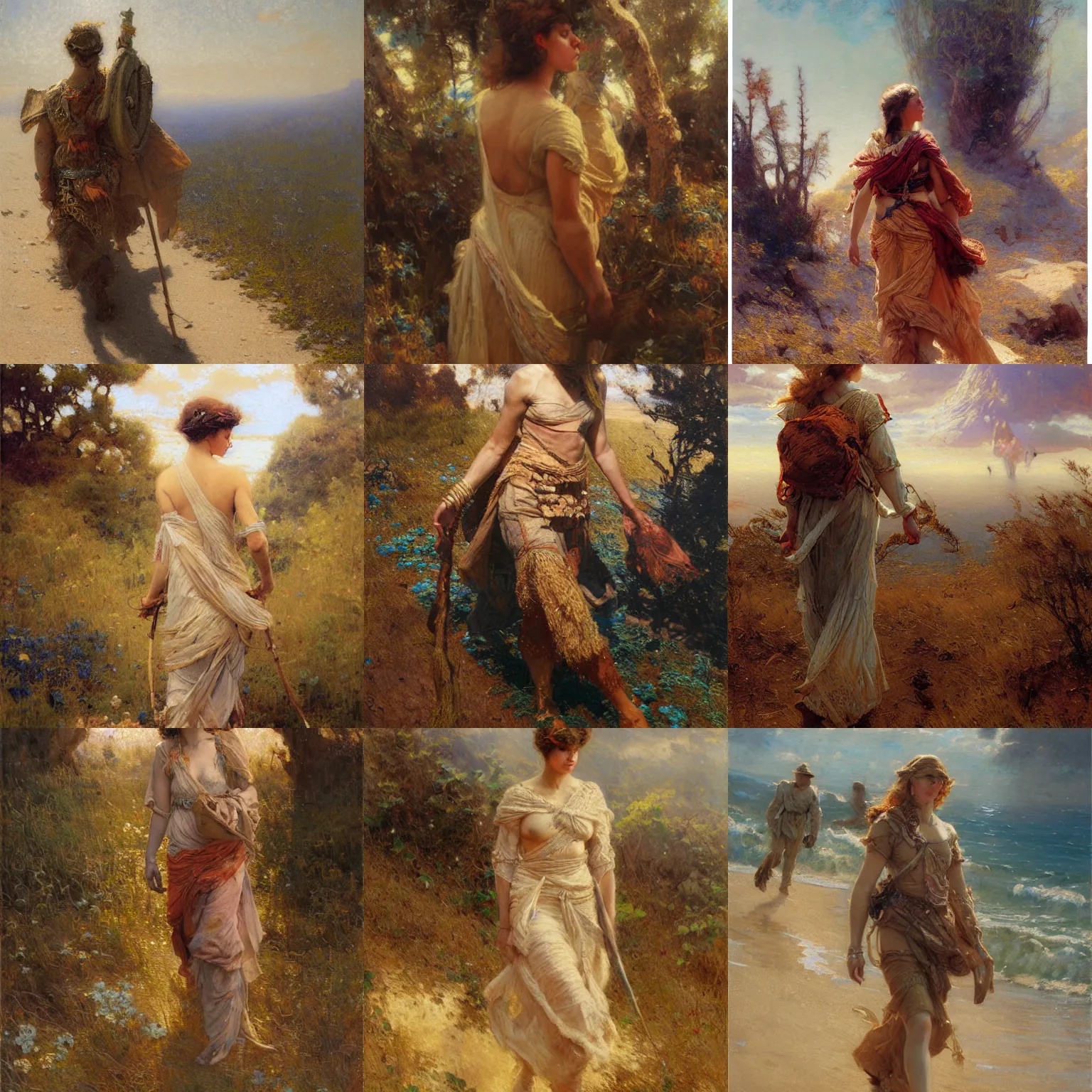 Prompt: ephemeral piece titled a walk across new lands, female, highly detailed oil on watercolor wood block print by gaston bussiere, craig mullins, j. c. leyendecker 8 k