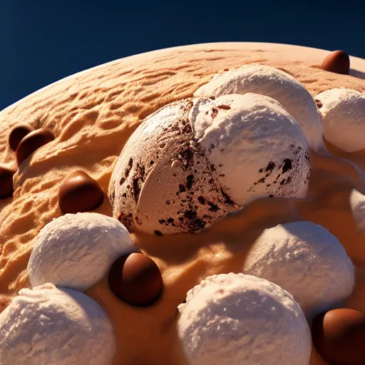 Image similar to a realistic planet made of icecream with sea of milk and chocolate mountains, super realistic, unreal engine, octane render, 8 k