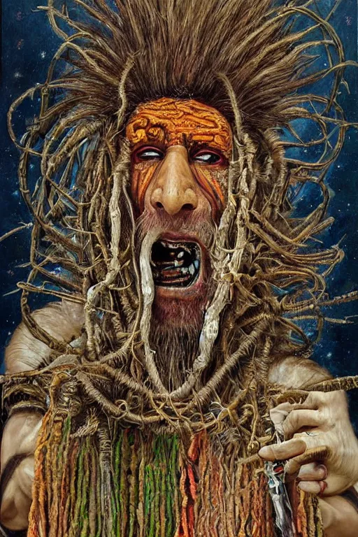 Prompt: a high hyper - detailed painting with complex textures, of an oriental shaman with tangled hair and a terrifying mask, wears a tunic vs. barefoot and has a cane, he is performing a ritual to access the world of imagination and dreams, cosmic horror spiritual visionsrio psicodelico weird bizarre art