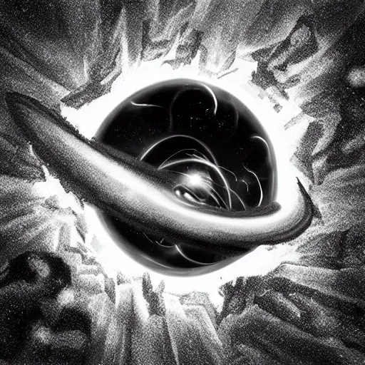 Prompt: tattoo png logo of black hole rising above city, city destroyed by shockwave, black hole with accretion disс, digital art, vector logo, sticker, black and white, art by brock hofer, marc simonetti