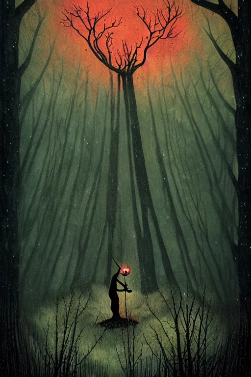 Image similar to tarot card, haunted woods, by andy kehoe