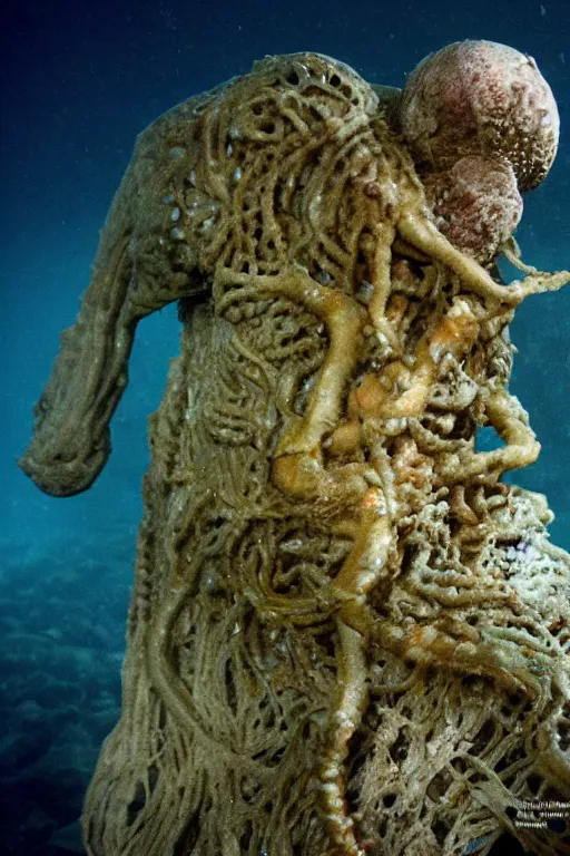 Prompt: national geographic photos of deep sea humanoid creatures deep down under the ocean.