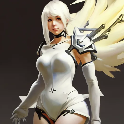 Image similar to greg manchess painting of a 2 yorha type a no. 2 as mercy from overwatch!! in a wartorn environment!!, white long hair, large white wings, trending on artstation, by huang guangjian and gil elvgren and sachin teng