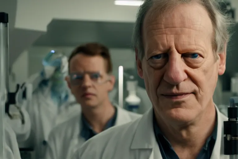 Prompt: an ultra realistic cinematic portrait of an evil male scientist smirking, foggy, stood in a lab, detailed, deep focus, movie still, dramatic lighting, by werner herzog