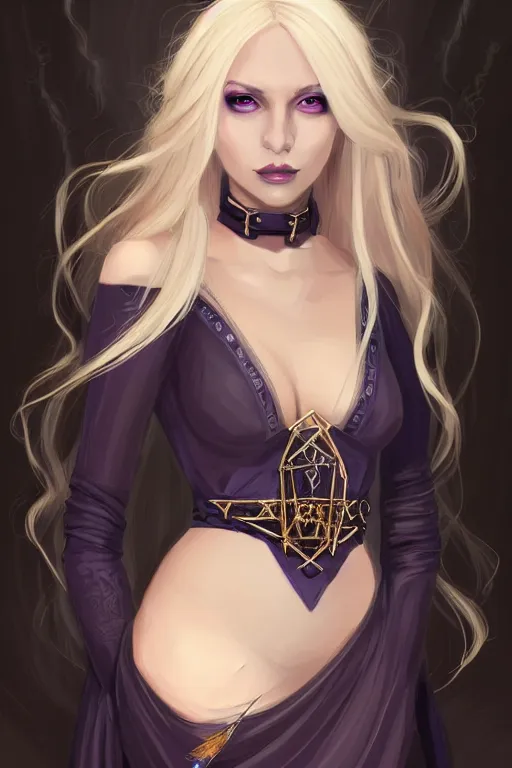 Image similar to portrait of a gorgeous female sorceress, looking at camera, D&D, choker on neck, stylish dark dress, arcane symbols, very long flowing blond hair, intricate, elegant, stylish, cute slightly nerdy smile, mouth slightly open, fantasy, extremely detailed, digital painting, artstation, concept art, smooth, sharp focus, illustration, stunning lighting, art by artgerm and greg rutkowski and alphonse mucha and simon stalenhag