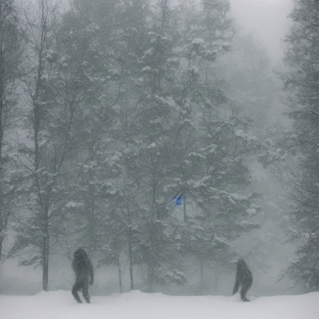 Image similar to photo, bigfoot is hiding in the background. cold color temperature, snow storm. hazy atmosphere. humidity haze. kodak ektachrome, greenish expired film, award winning, low contrast