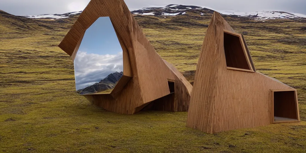 Image similar to futuristic architect house made from deconstucted wood and mirrors, iceland landscape photography, by lurie belegurschi and gunnar freyr