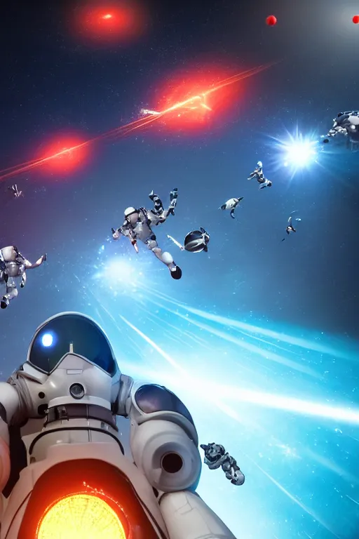 Prompt: wide view of a dozen futuristic spacemen firing lasers, zero gravity, floating, in space, bright, hiding behind obstacles, surrounded by a laser grid, stars visible, unreal engine, lensflares, low perspective, fish eye