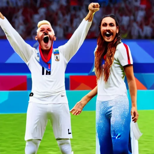 Prompt: Two Unicorns celebrating winning the FIFA World Cup