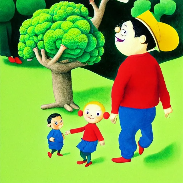 Prompt: professional kids book illustration of a Spanish !toddler! boy walking with a friendly anthropomorphic broccoli, best on artstation,, astonishing, impressive, outstanding, cheerful, stunning, masterpiece by Maurice Sendak, Eric Carle, and Beatrix Potter.