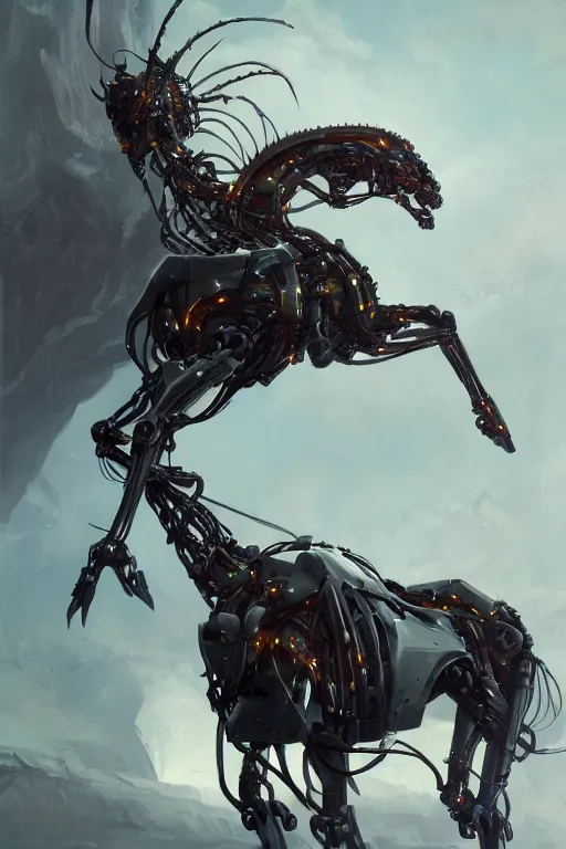 Image similar to 3 quarter view photography portrait of a biomechanical stalion horse illustrated by greg rutkowski and Akira Saito and Peter mohrbacher, boston dynamics, 4k,