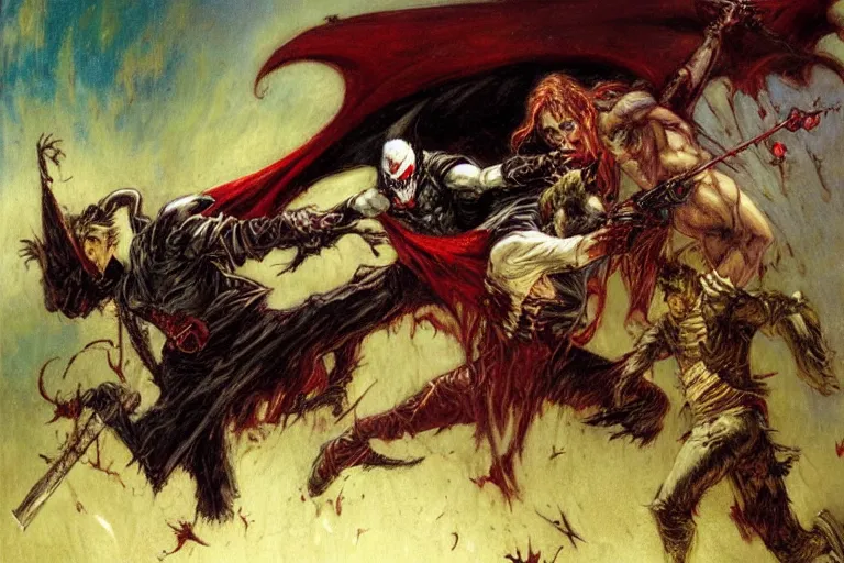 Image similar to vampire batman and zombie robin vs. joker van helsing. art by gaston bussiere.