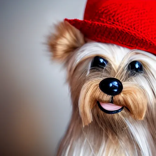 Image similar to a closeup photorealistic smiling knitted plush yorkshire terrier wearing a fedora hat.