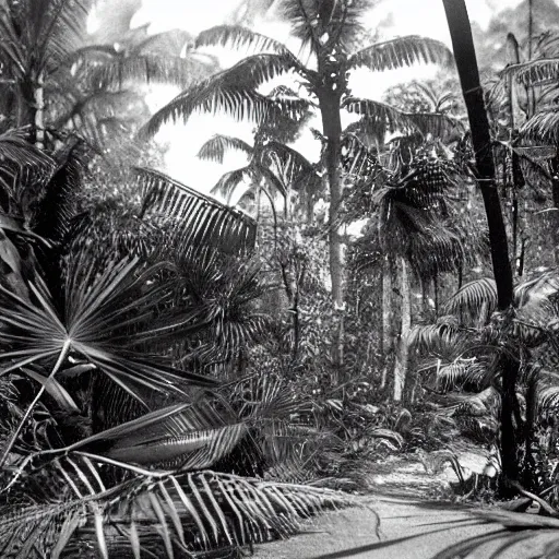 Prompt: a rizom lost film footage of a - - - - 3 d shape - - - - - in the middle of the tropical jungle / tropicalism / tropicalism / tropicalism / film still / cinematic / enhanced / 1 9 2 0 s / black and white / grain