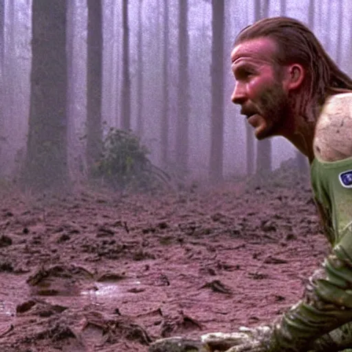 Image similar to cinematic still of david beckham wearing manchester united uniform, covered in mud and watching a predator in a swamp in 1 9 8 7 movie predator, hd, 4 k