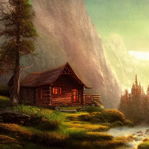 Image similar to cabin in the mythical misty mountains, artstation, concept art, Darrell K Sweet