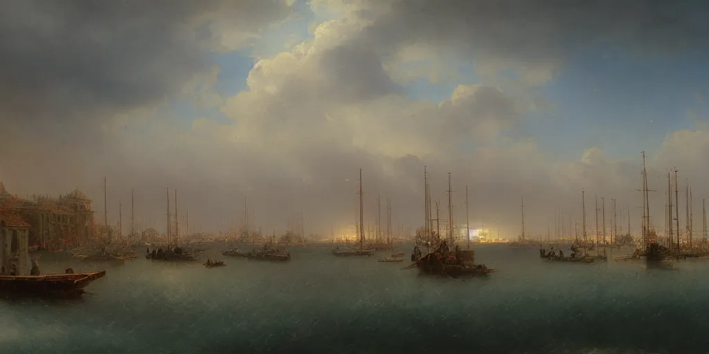 Prompt: A detailed matte painting of of the Ravenna harbor in the 15th century, trending on artstation by Ivan Aivazovsky and Frederic Edwin Church