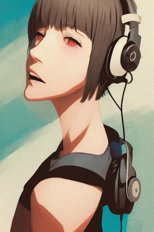 Prompt: a cute young woman listening to music with her eyes closed and wearing headphones, white bob cut hair, cyberpunk setting, e-girl, tattoos, blue and white, vivid colors, soft lighting, atmospheric, cinematic, moody, in the style of Ilya Kuvshinov and Range Murata, Krenz Cushart, oil on canvas, 8k