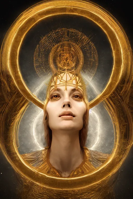 Image similar to Hyper realistic portrait of a goddess floating in the middle of ancient sky, gold fluid simulation in the background, Cinematic lighting, ultra super good realistic 3D render by Pete Morbacher and Emil Melmoth, symmetry, insanely detailed, trending on artstation, 8k