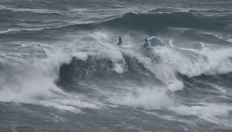 Image similar to big wave surfing, sandy beach in foreground