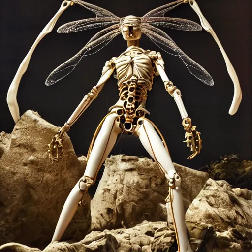 Image similar to still frame from Prometheus movie by Makoto Aida, biomechanical dragonfly angel gynoid, metal couture by neri oxmn and Guo pei, editorial by Malczewski and by Caravaggio