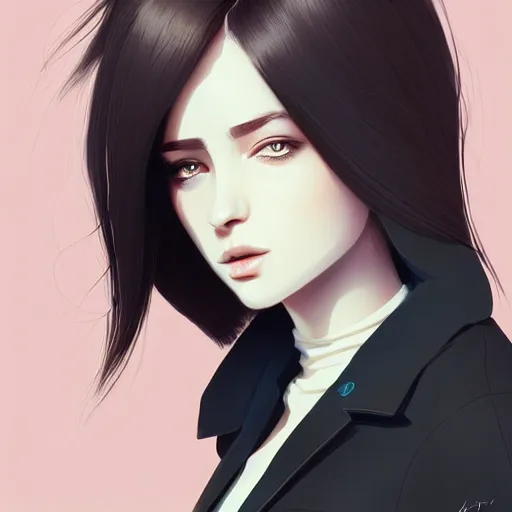 Prompt: young female in black jacket suit, muted colors, matte print, pastel colors, 2d, ultra highly detailed, smooth, sharp focus, digital art, digital painting, fan art, elegant, artstation, head is centered, by Ilya Kuvshinov