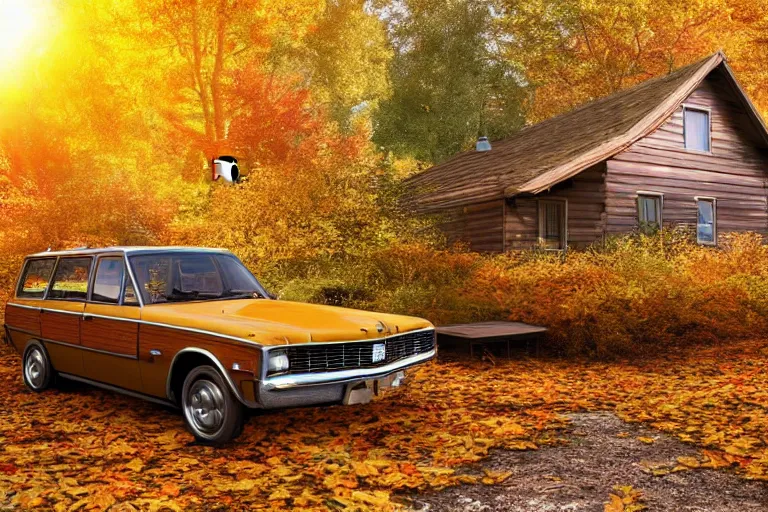 Image similar to 7 0's station wagon with wooden sides parked in an autumn forest near a cosy wooden house, golden leaves, golden hour. detailed digital art, behance, artstation, masterpiece