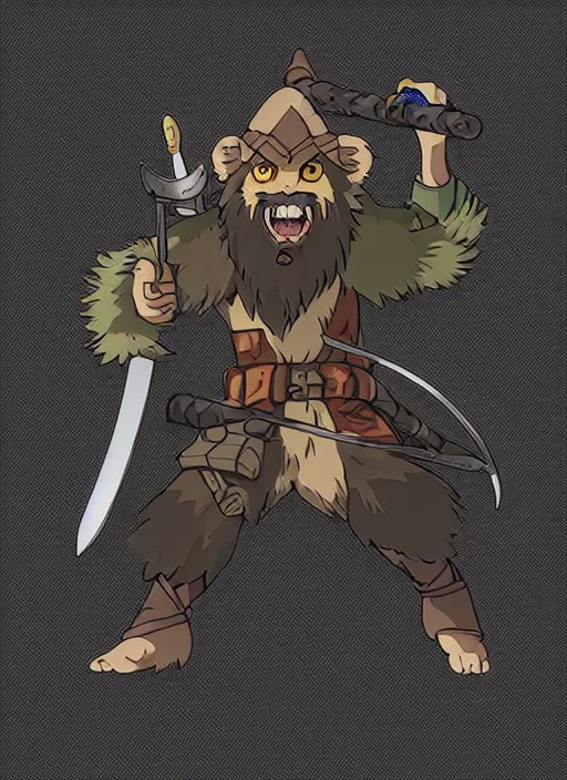 Image similar to bugbear ranger, black beard, dungeons and dragons, hunters gear, flames, character design on white background, by studio ghibli, makoto shinkai