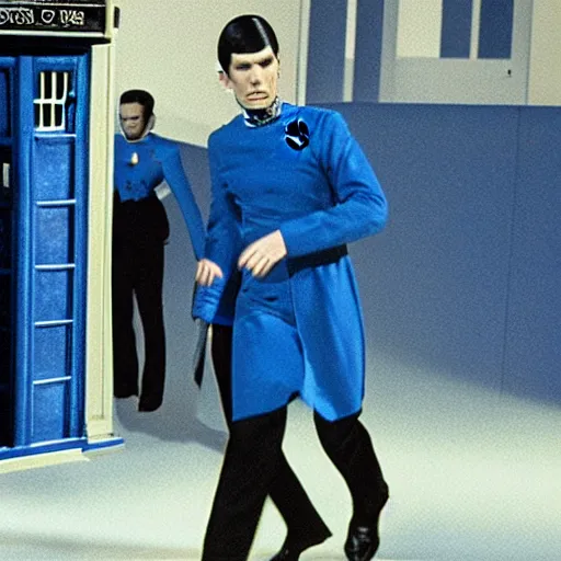 Image similar to photo of mr spock blue uniform exiting the tardis