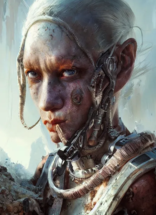 Prompt: hyper realistic photography portrait of postapocalyptic albino cyborg tribal warrior amazon cinematic, vallejo, craig mullins greg rutkowski, artstation, cgsociety