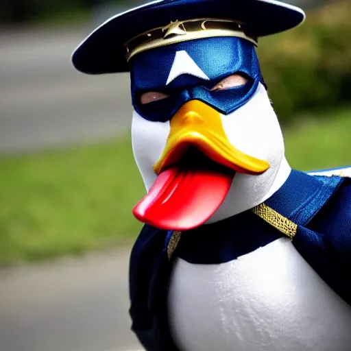 Prompt: a duck dressed as captain america