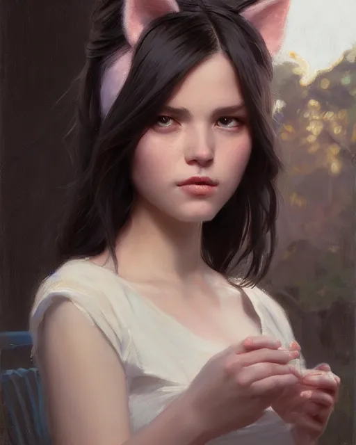 Image similar to a potrait of a girl with small cat ears, fine details. night setting. realistic shaded lighting poster by craig mullism, artgerm, jeremy lipkin and michael garmash, unreal engine, radiant light, detailed and intricate environment, digital art, trending on art station