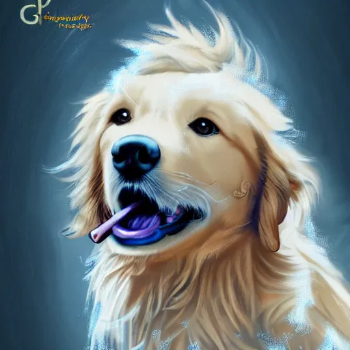 Image similar to portrait of a fluffy golden retriever dog, happy with his mouth open, D&D, fantasy, intricate, cinematic lighting, highly detailed, digital painting, artstation, concept art, smooth, sharp focus, illustration, art by Generate Labs and Kenichi Nishida