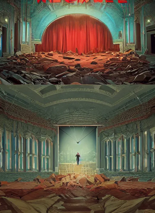 Prompt: Twin Peaks poster artwork by Michael Whelan and Tomer Hanuka, Karol Bak, Rendering of David Bowie lost in the abandoned opera house, from scene from Twin Peaks, full of details, by Makoto Shinkai and thomas kinkade, Matte painting, trending on artstation and unreal engine