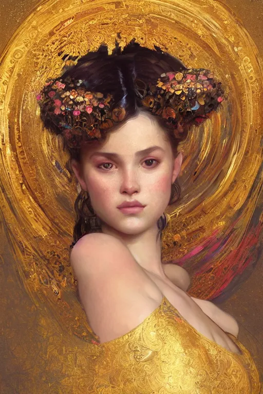 Image similar to an intricate artistic pose painting of a beautiful young girl with an artistic pose with klimt golden motives and textures, hyper detailed, ornamental gold headpiece, octane render, vivid colors, artstation, by jeremy mann, by alphonse mucha, by boris vallejo