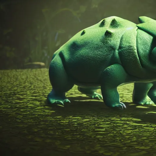 Image similar to photo of bulbasaur, realistic, volumetric lighting, swamp, highly detailed, sharp focus,