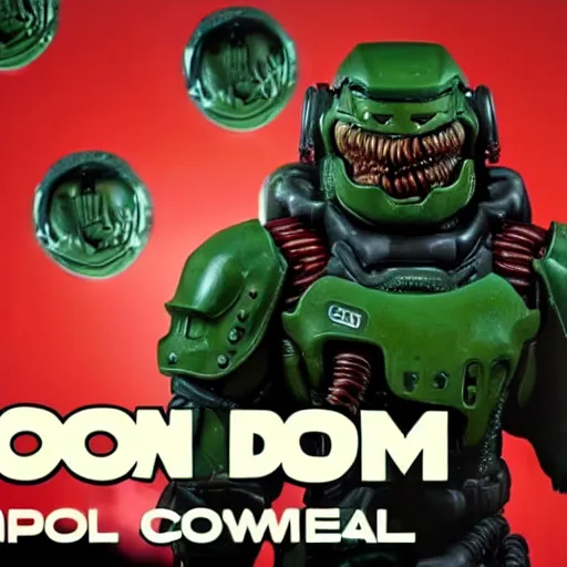 Prompt: still of Doom cereal TV commercial with Doomguy