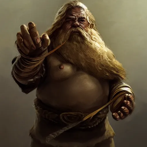 Image similar to portrait of a brutal dwarf hugging the humongous raw, unrefined gold nugget, lump of native gold, realistic, handsome eyes and hands, fantasy art, dnd, lord of the rings, mid - shot, moody lighting, by greg rutkowski, stanley lou, artgerm, trending on artstation, concept art, sharp focus, ray tracing