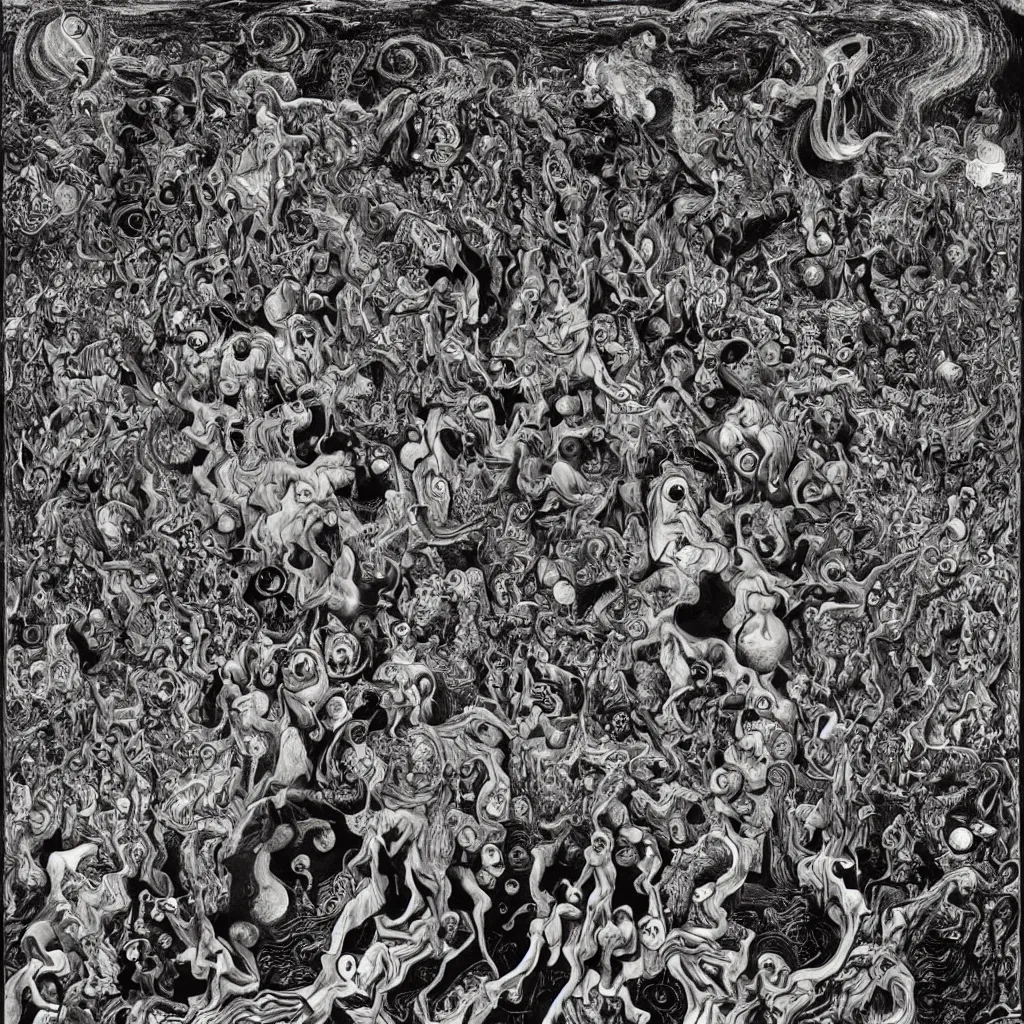 Image similar to intergalactic psychonaut unholy gathering, 4K, by collaboration of M. C. Escher and Salvador Dali and Van Gogh