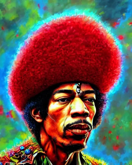 Prompt: highly detailed closeup, of jimi hendrix, dressed in a red mushroom hat and clothes, full face view, on a battlefield, hyper realistic, psychedelic, illustration, digital paint, matte paint, vivid colors, detailed and intricate environment
