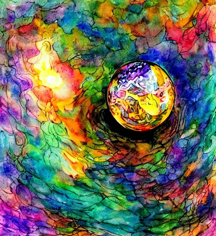 Image similar to a 1988 watercolor and ink and acrylic pour illustration of an intricate and faceted crystal ball with a world inside of it + impasto + dissolving in to light + prism + god rays + dramatic lightning + backlit + specular + caustics