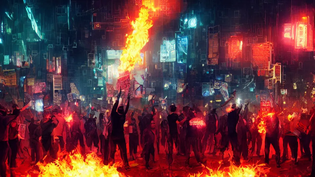 Image similar to angry protesters holding placards, digital illustration by greg rutkowski, fire, android netrunner, nighttime, cyberpunk city backgrounds, colored lighting