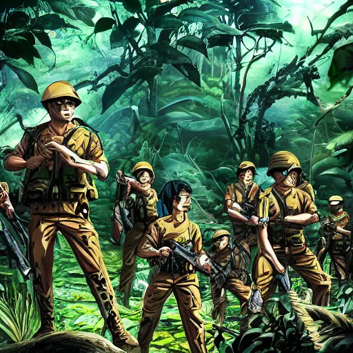 Image similar to vietnam war, cyborg marines in a mutated forest, anime key visual, high detail