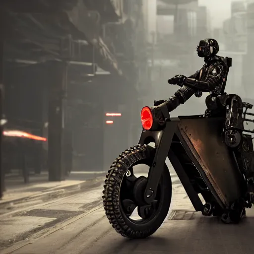 Prompt: panorama industrial military robot on a sci-fi military style motocycle, wearing bullet-riddled armor, glowing red eyes, wearing brutalist art deco industrial cyberpunk alley, dynamic dramatic dark moody lighting,shadows,cinematic atmosphere,Artstation, hyperrealistic 3D digital art,Octane render,8K 4K UHD image