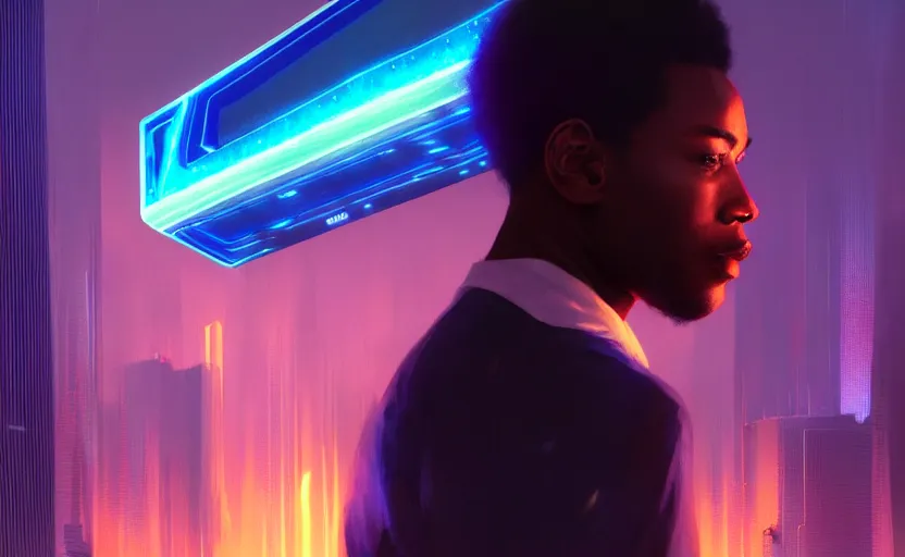 Image similar to handsome black genius infiltrating the metaverse, cenimatic and dramatic, curved translucent holographic displays, urban atmosphere, cmyk glowing lights, highly detailed, digital painting, artstation, concept art, smooth, sharp focus, illustration, art by wlop, mars ravelo and greg rutkowski